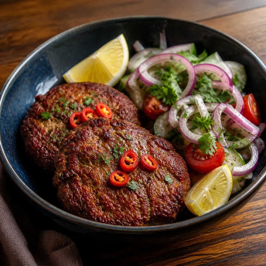Pakistani Chapli Kebab with Herb Salad, original finished dish food photograph