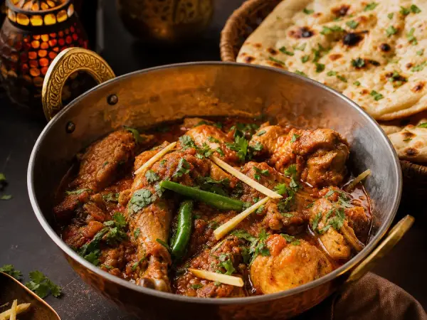 Pakistani Chicken Karahi with Naan, finished dish