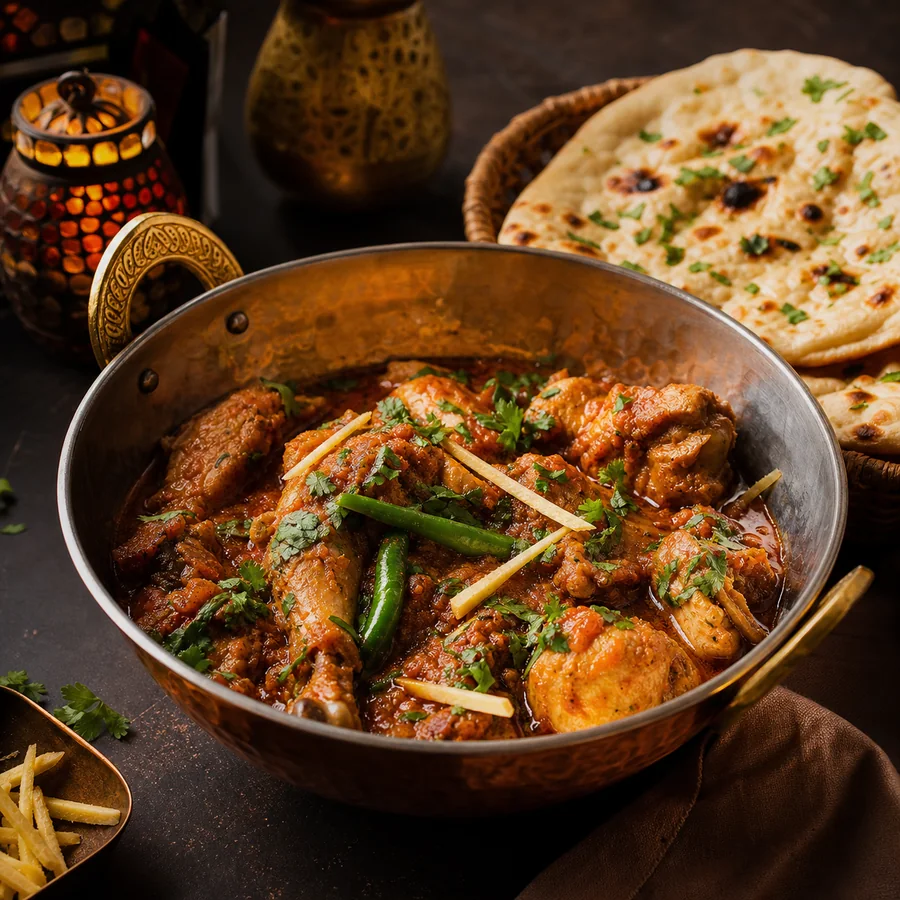 Pakistani Chicken Karahi with Naan, finished dish
