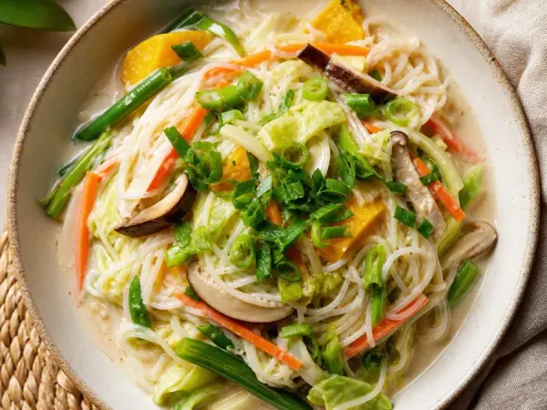 Palauan Coconut Vegetable Noodle Bowl, plated as a finished dinner