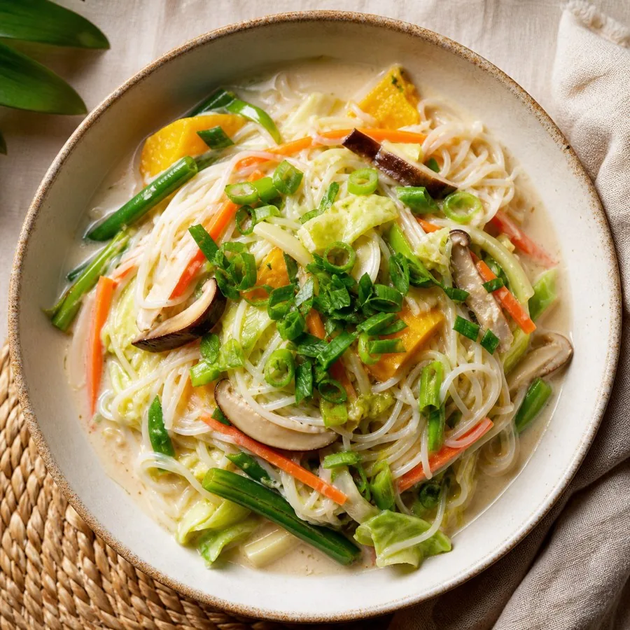 Palauan Coconut Vegetable Noodle Bowl, plated as a finished dinner