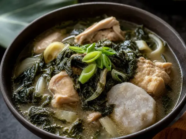 Palauan Taro Leaf Chicken Soup, plated as a finished dinner