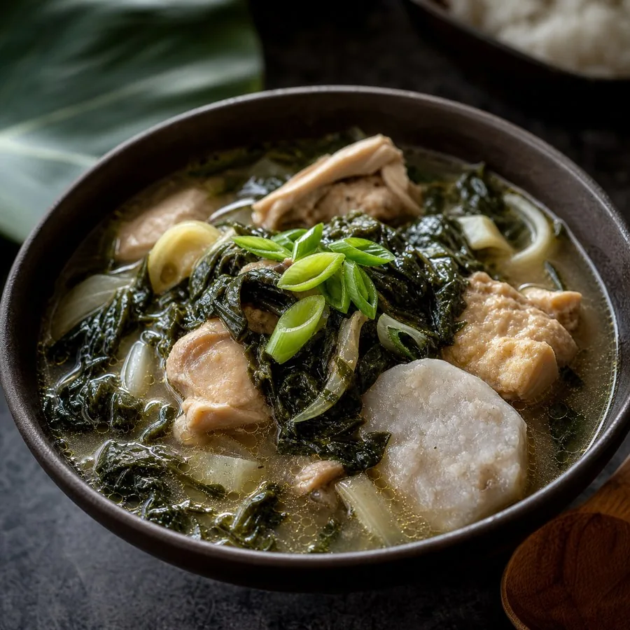 Palauan Taro Leaf Chicken Soup, plated as a finished dinner