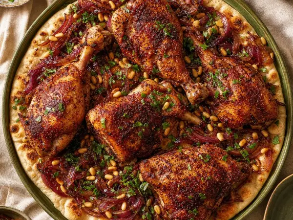 Palestinian-Inspired Sumac Chicken Flatbreads, finished dish
