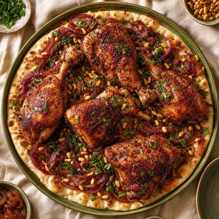 Palestinian-Inspired Sumac Chicken Flatbreads, finished dish