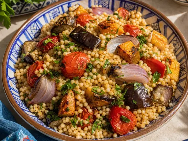 Palestinian Maftoul Couscous with Roast Vegetables, finished dish