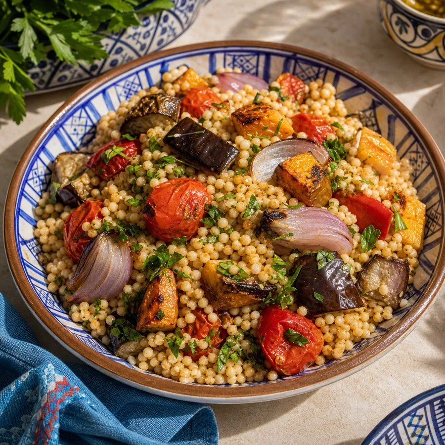 Palestinian Maftoul Couscous with Roast Vegetables, finished dish