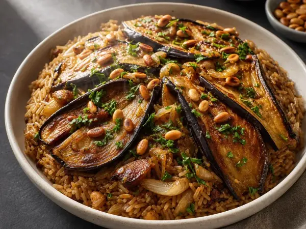 Palestinian Maqluba-Inspired Eggplant Rice, finished dinner