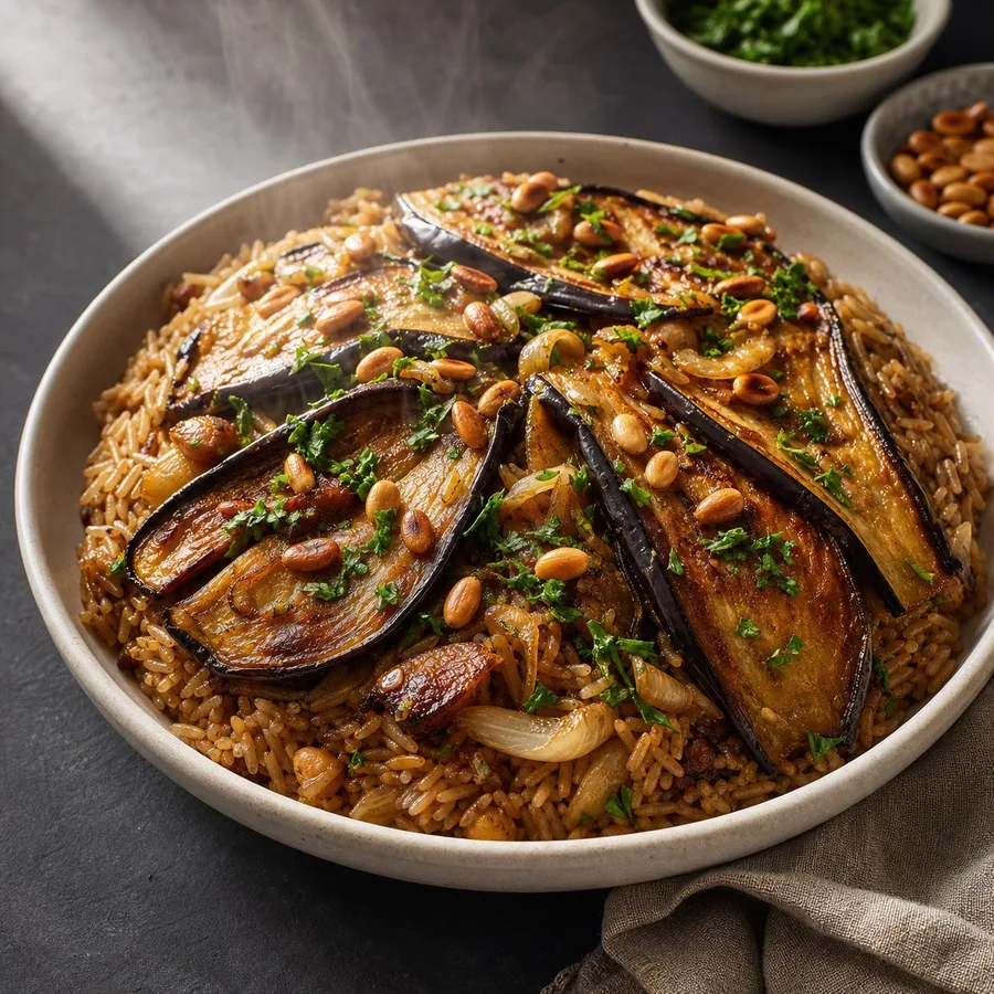Palestinian Maqluba-Inspired Eggplant Rice, finished dinner