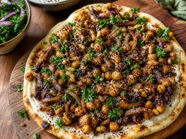 Palestinian Musakhan-Inspired Sumac Chickpea Flatbreads, finished dish
