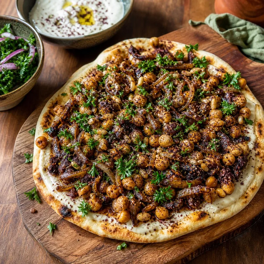 Palestinian Musakhan-Inspired Sumac Chickpea Flatbreads, finished dish