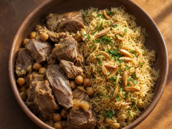 Palestinian Qidreh Lamb Chickpeas Rice with almonds