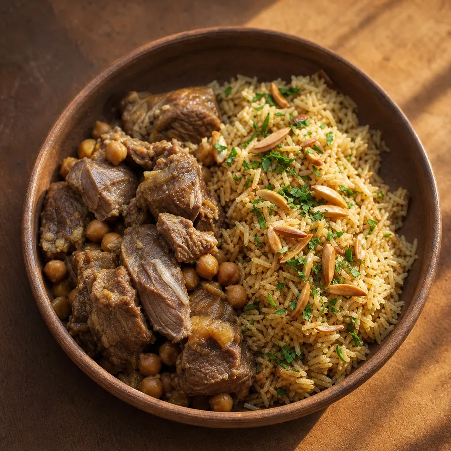 Palestinian Qidreh Lamb Chickpeas Rice with almonds