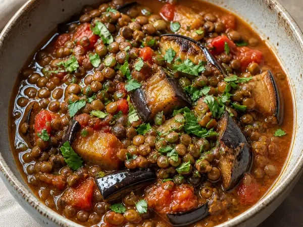 Palestinian Rummaniyeh Eggplant Lentil Stew, finished dish