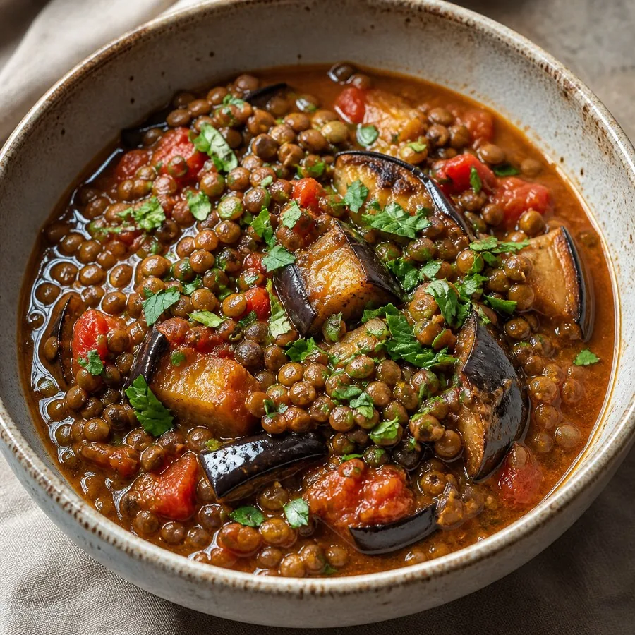 Palestinian Rummaniyeh Eggplant Lentil Stew, finished dish