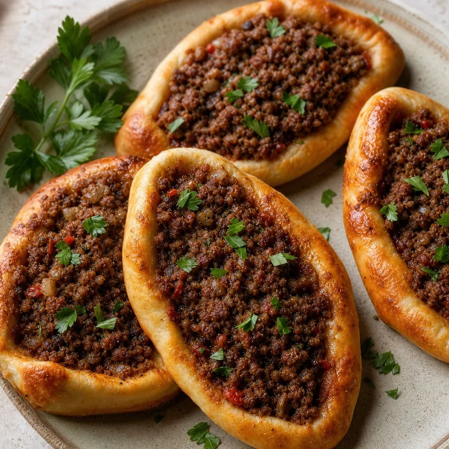Palestinian Sfiha Spiced Beef Pizzettes, finished dish