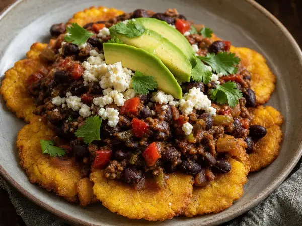 Panamanian Patacones with Black Bean Picadillo, finished dinner