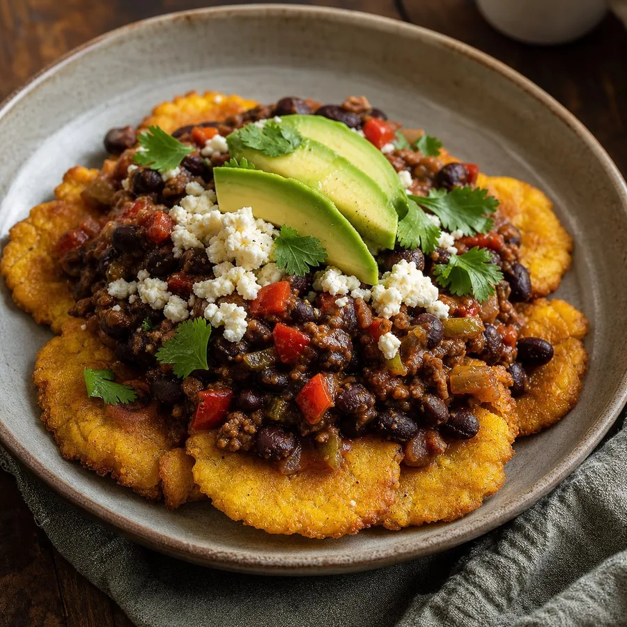 Panamanian Patacones with Black Bean Picadillo, finished dinner
