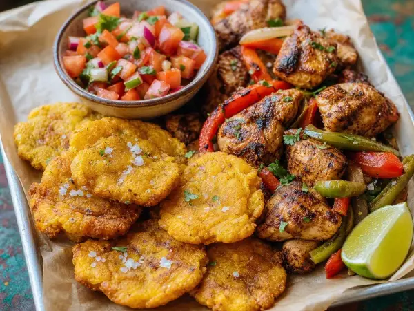 Panamanian Patacones with Caribbean Chicken, finished dish