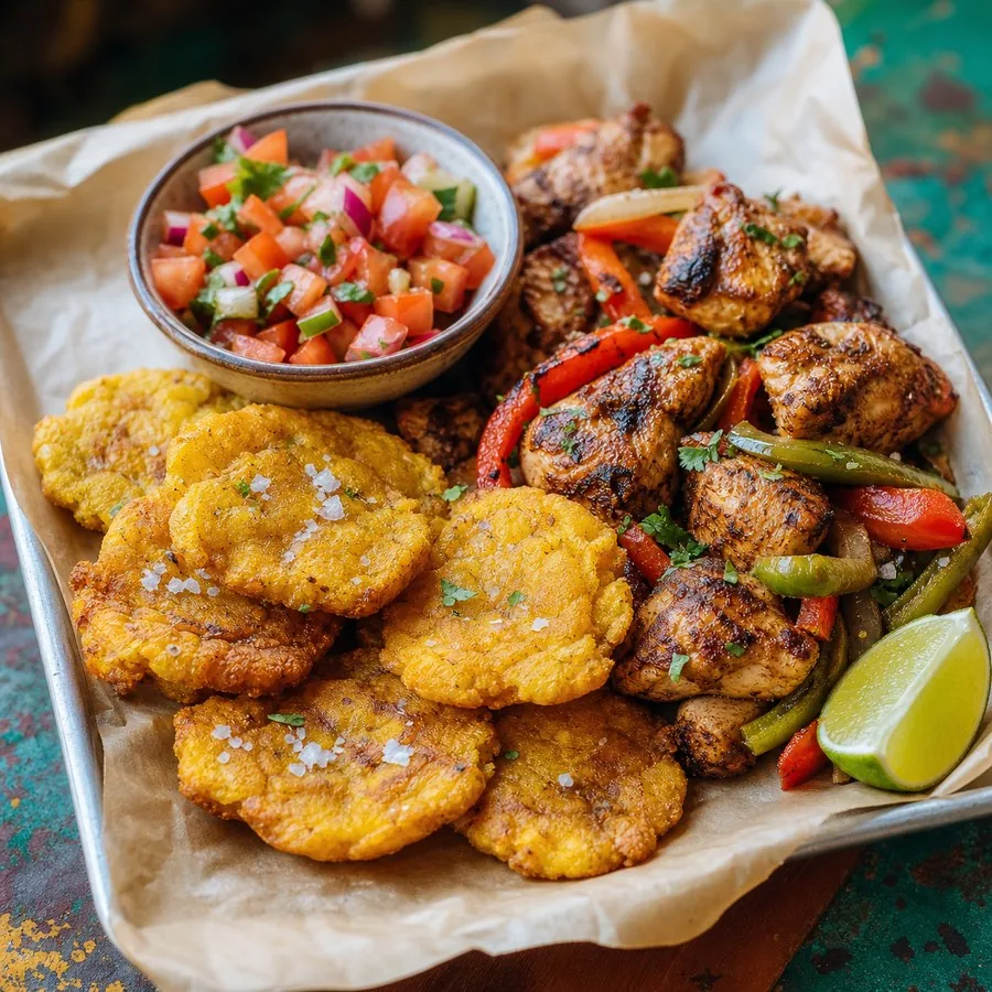 Panamanian Patacones with Caribbean Chicken, finished dish