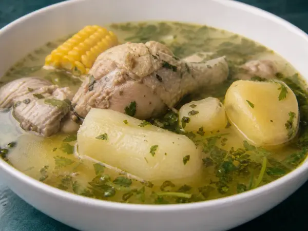 Chicken soup with yuca, plantain, corn and cilantro