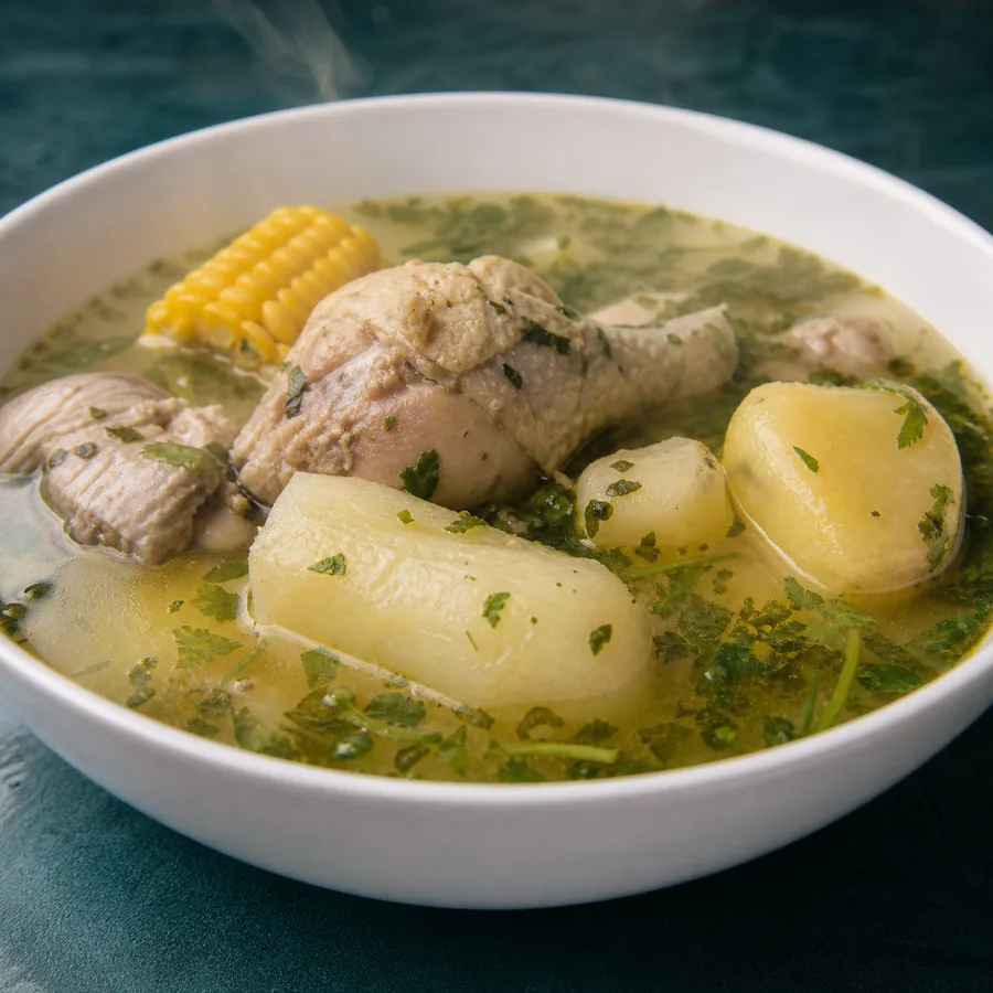 Chicken soup with yuca, plantain, corn and cilantro