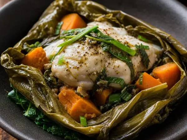 Papua New Guinean Mumu Fish Sweet Potato Parcels, plated as a finished dinner