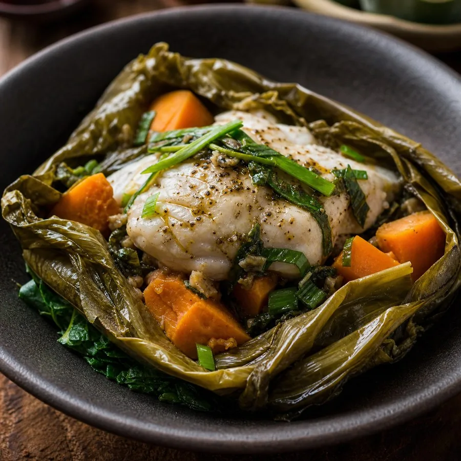 Papua New Guinean Mumu Fish Sweet Potato Parcels, plated as a finished dinner