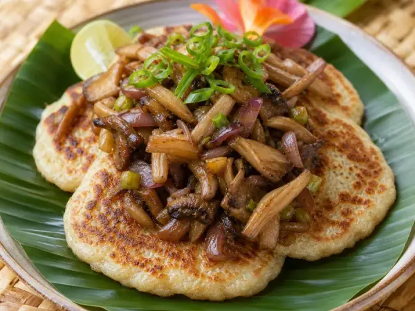 Papua New Guinean Sago Pancakes with Mushroom Relish, plated as a finished dinner