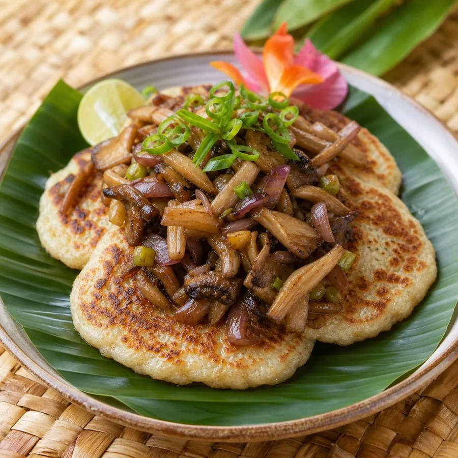 Papua New Guinean Sago Pancakes with Mushroom Relish, plated as a finished dinner