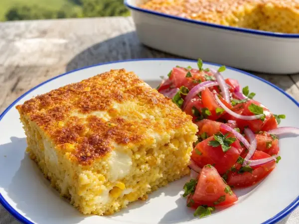 Paraguayan Cheese and Corn Spoon Bread with Tomato Salad, finished dish