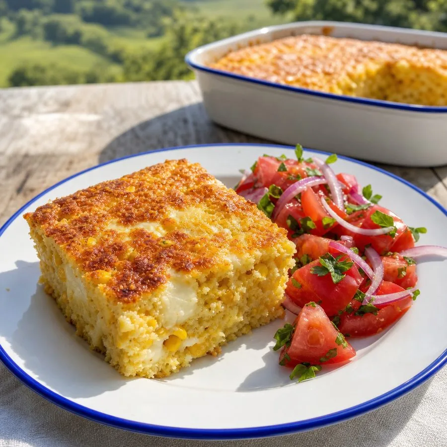 Paraguayan Cheese and Corn Spoon Bread with Tomato Salad, finished dish