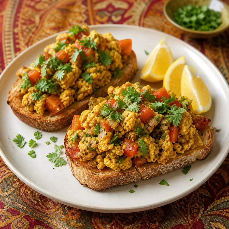 Parsi Akuri Masala Eggs with Toast, finished dish