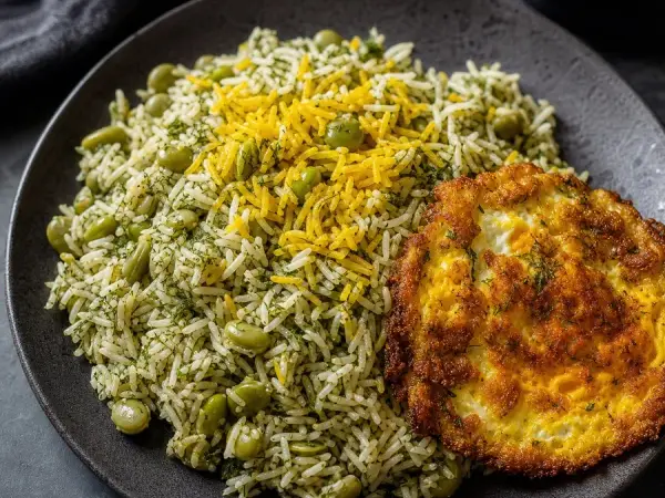 Persian Baghali Polo-Inspired Dill Bean Rice with Egg, finished dish