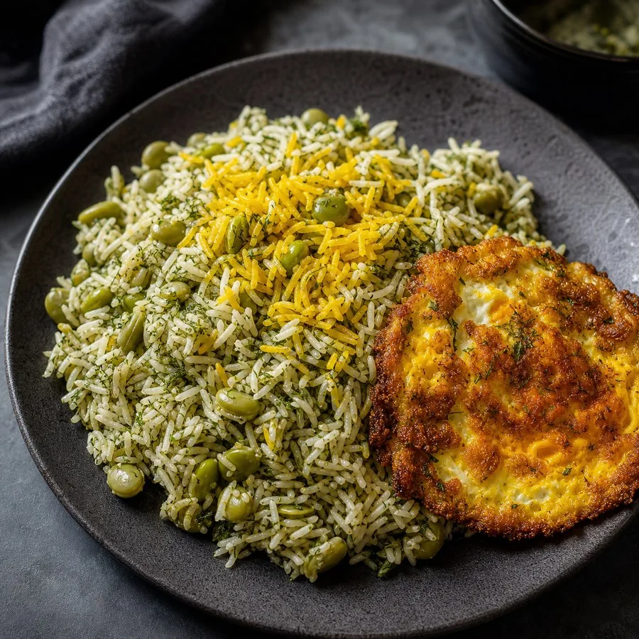 Persian Baghali Polo-Inspired Dill Bean Rice with Egg, finished dish
