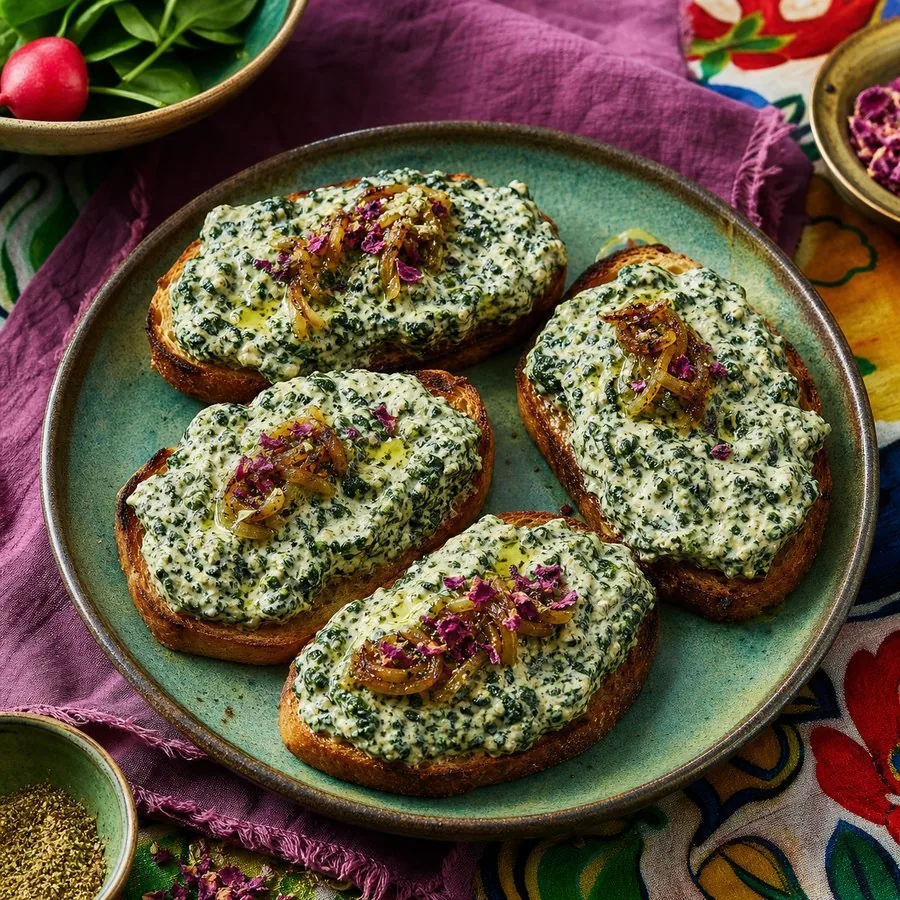 Persian Borani Esfenaj Spinach Yogurt Toasts, finished dish