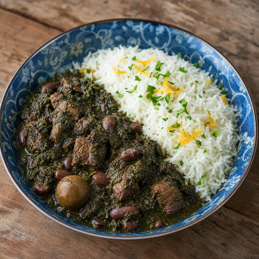 Persian Ghormeh Sabzi Beef with herb rice