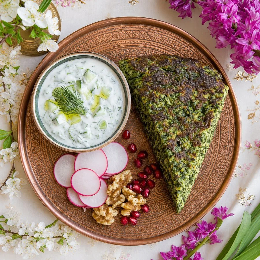 Persian Kuku Sabzi with Cucumber Yogurt, finished dish