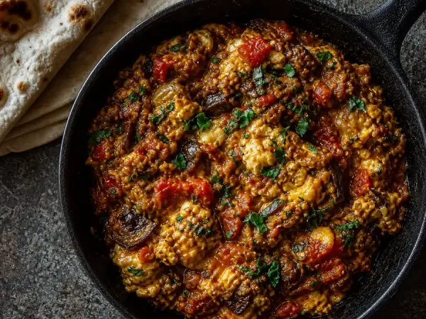 Persian Mirza Ghasemi with warm flatbread