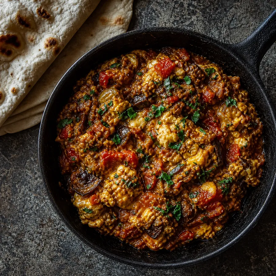 Persian Mirza Ghasemi with warm flatbread