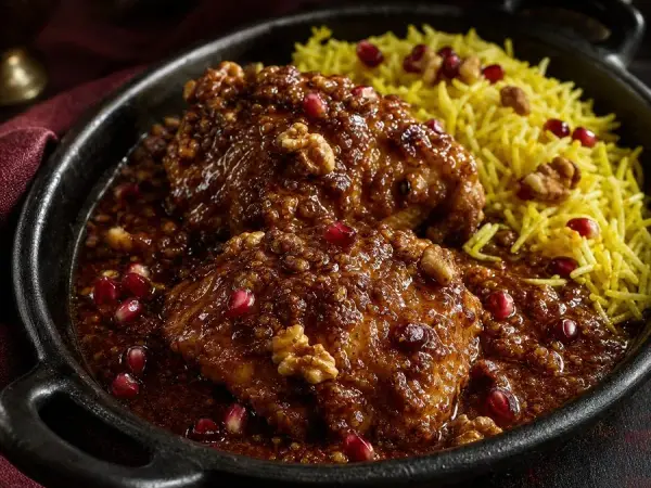 Persian Pomegranate Walnut Chicken, finished dish