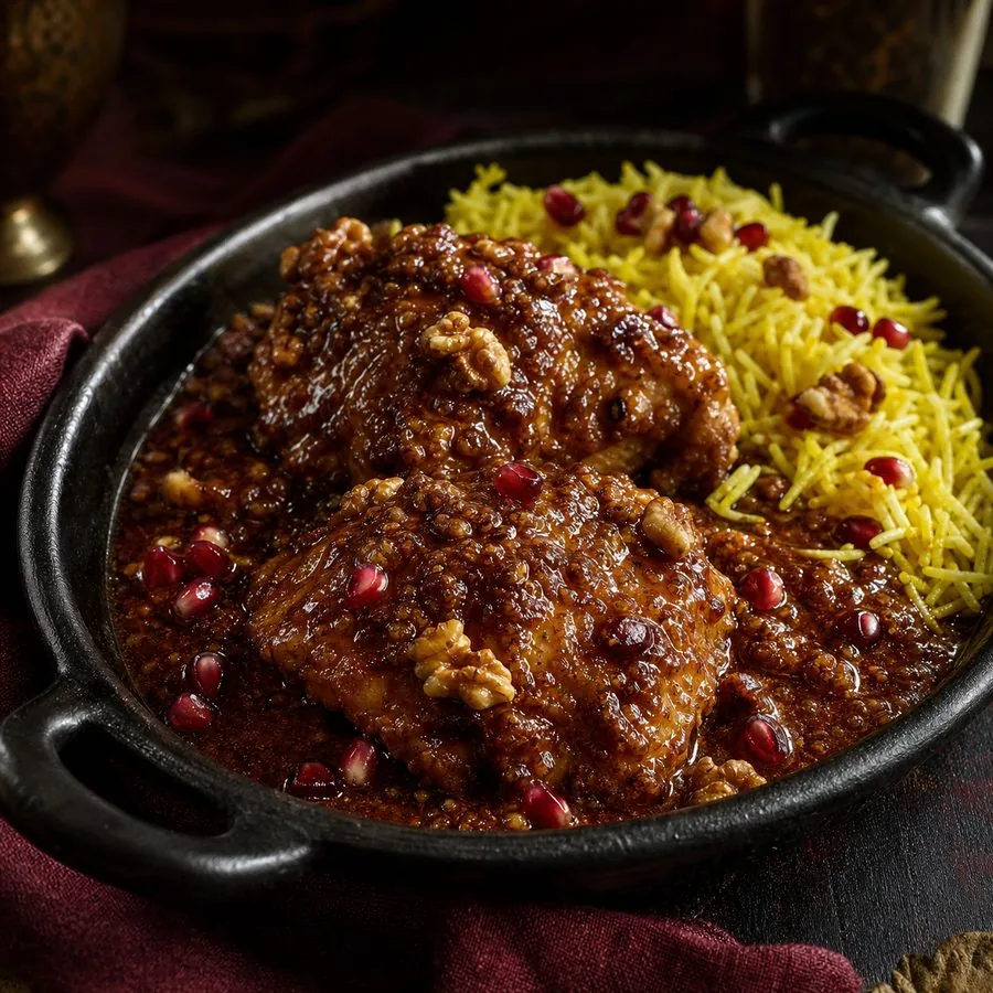 Persian Pomegranate Walnut Chicken, finished dish