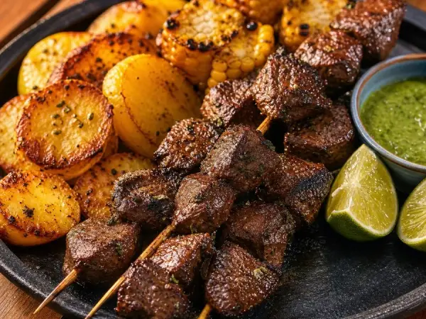 Peruvian Anticuchos with Potato and Corn, finished dish