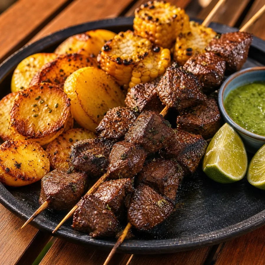 Peruvian Anticuchos with Potato and Corn, finished dish