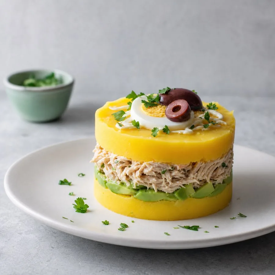 Peruvian Causa Limena with Chicken, finished dish