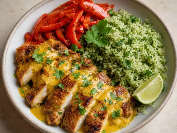 Peruvian-Inspired Aji Amarillo Chicken with Cilantro Rice, finished dish