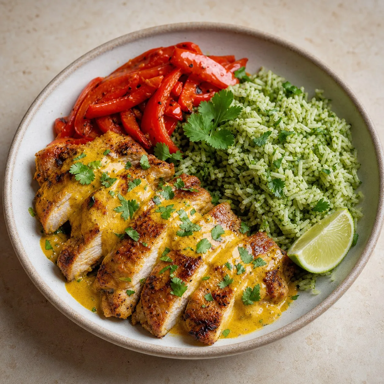Peruvian-Inspired Aji Amarillo Chicken with Cilantro Rice, finished dish