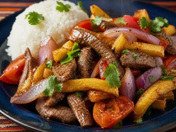 Peruvian-style beef stir-fry with tomatoes, onions, fries and rice