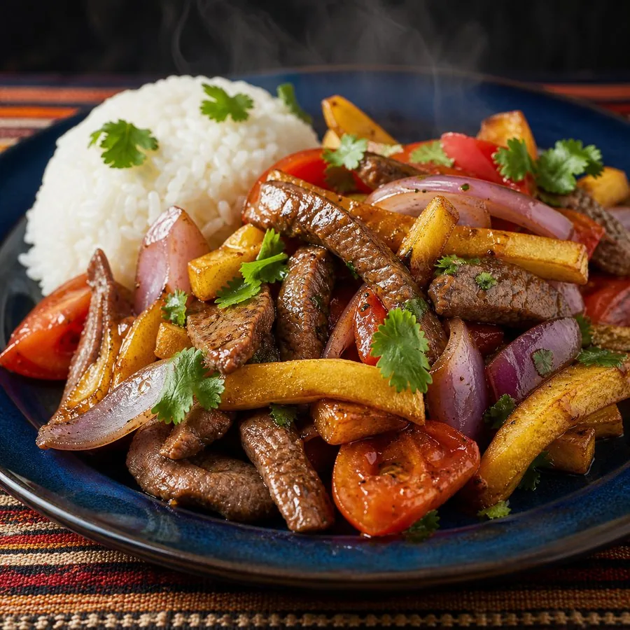Peruvian-style beef stir-fry with tomatoes, onions, fries and rice
