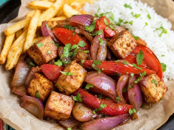 Peruvian Lomo Saltado with Tofu, finished dish